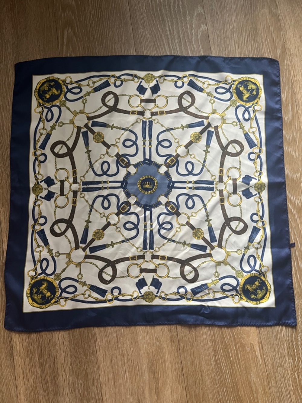 Source Unknown Navy, Ivory & Gold Equestrian Silk-Feel Scarf